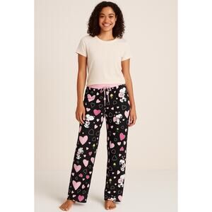 Peanuts Snoopy Woodstock Pajama Pants Black Pink Hearts Women’s L NWT